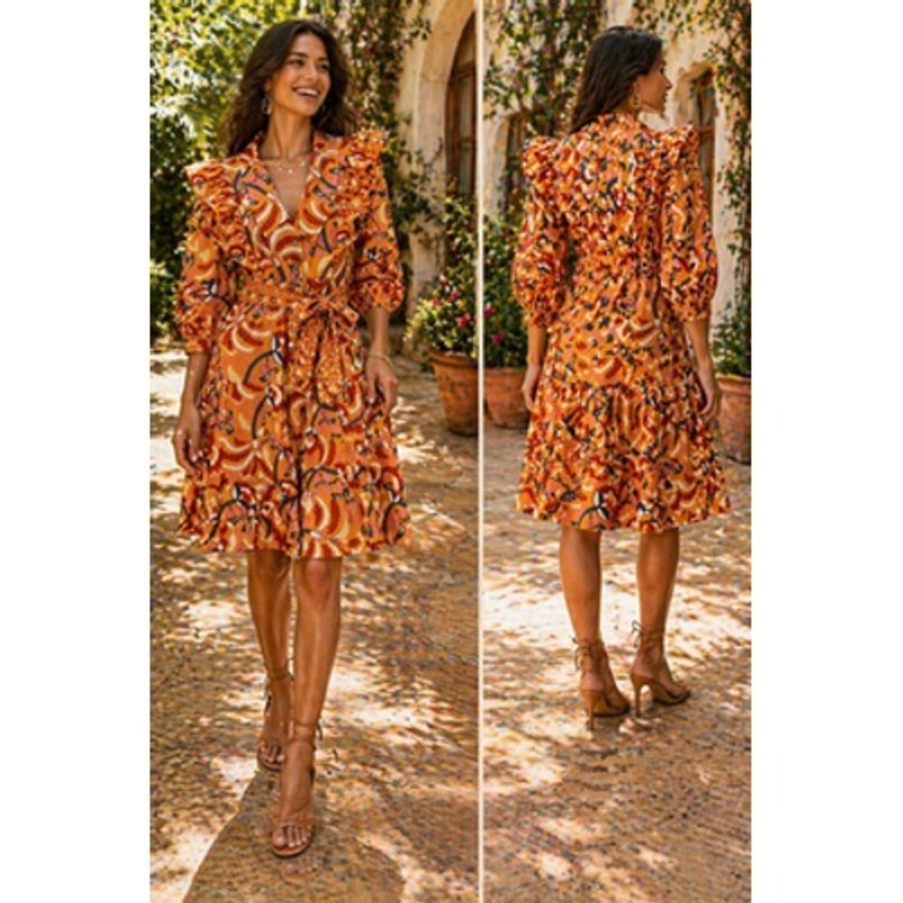 Farm Rio Shirt Dress Womens Small Yellow Palms Party Midi Ruffle Belted Floral